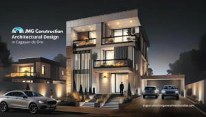 JMG Construction Architectural Design in Cagayan de Oro - Modern two-story building at night with illuminated facade and landscaping