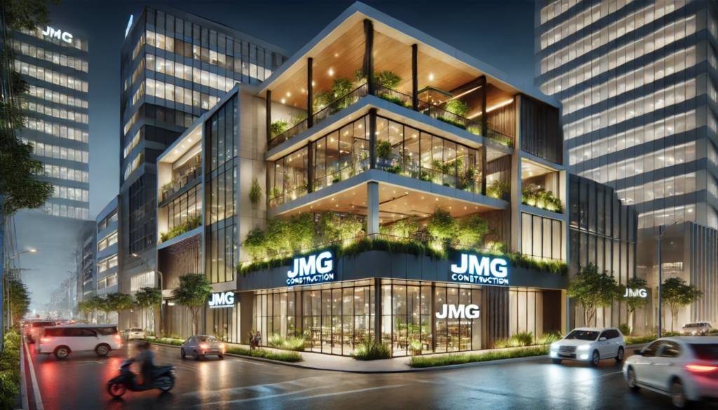 Modern commercial building design at night by JMG Construction in Cagayan de Oro, featuring a glass facade, illuminated terraces, and sustainable greenery