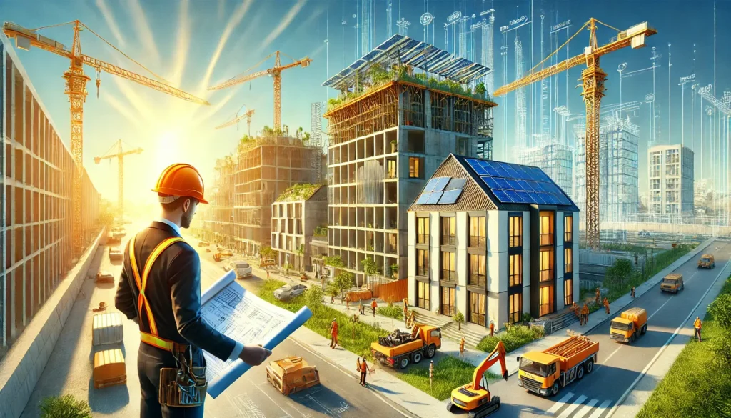 High-definition image showcasing various construction projects in Cagayan de Oro, including a modern residential house with solar panels, a mixed-use development, and an industrial building under construction. A construction worker in safety gear is reviewing blueprints. Text overlay: 'Latest Trends in Cagayan de Oro Construction by JMG Experts.