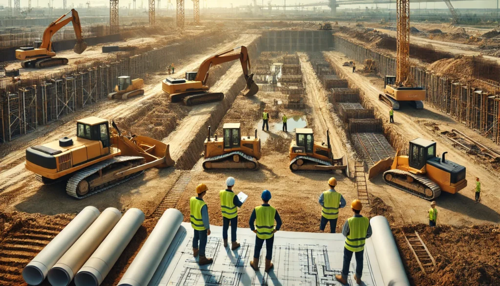 Construction site with heavy machinery and workers grading land.