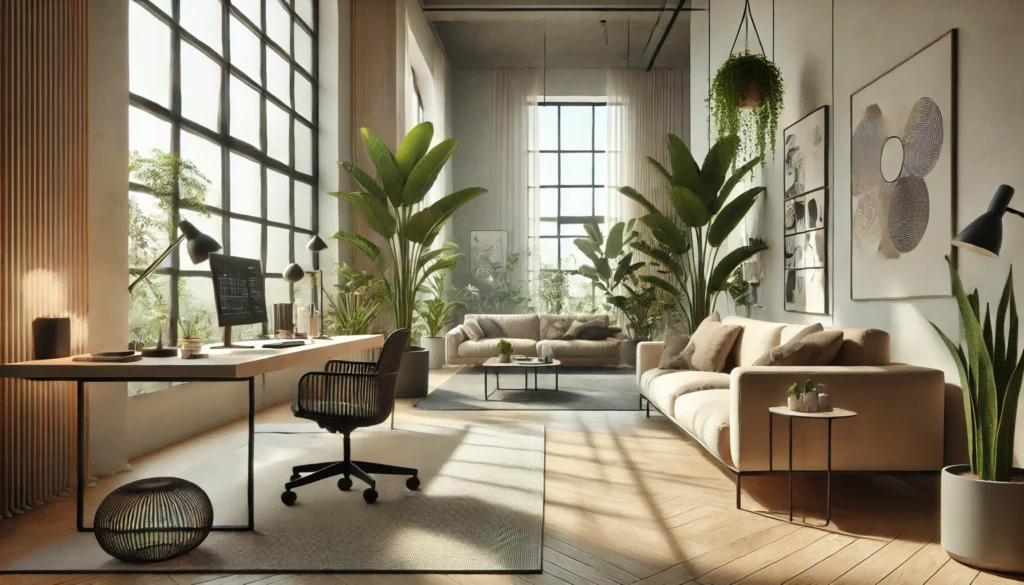 Modern interior design with stylish furniture and indoor plants.