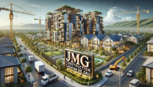 High-definition image of a modern residential and commercial construction site in Cagayan de Oro by JMG Construction. The foreground features a large sign with the text 'JMG Construction Cagayan de Oro,' while the background displays a completed modern office building and a luxury residential home under construction, with cranes and construction workers visible.