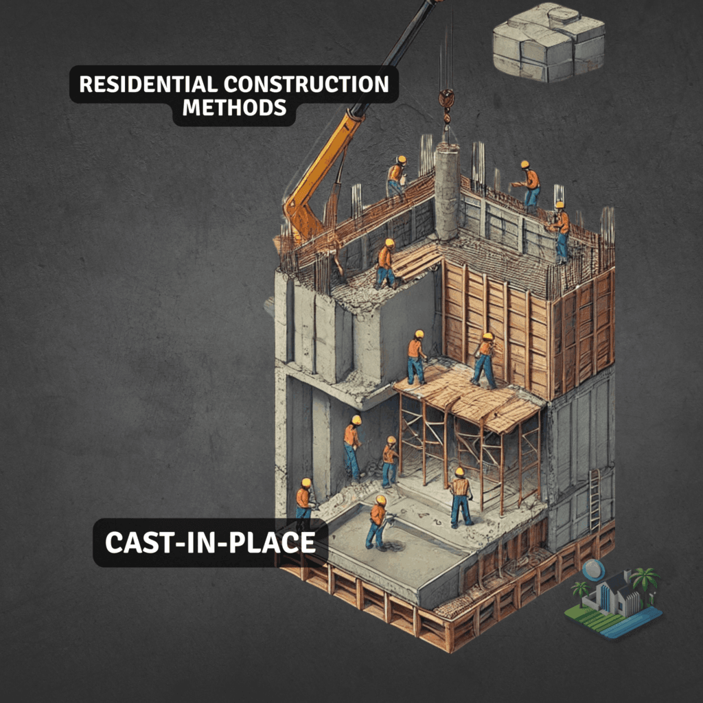 Illustration of a multi-story building being constructed using the Cast-in-Place method, with workers pouring concrete into large molds and cranes assisting with the heavy lifting.