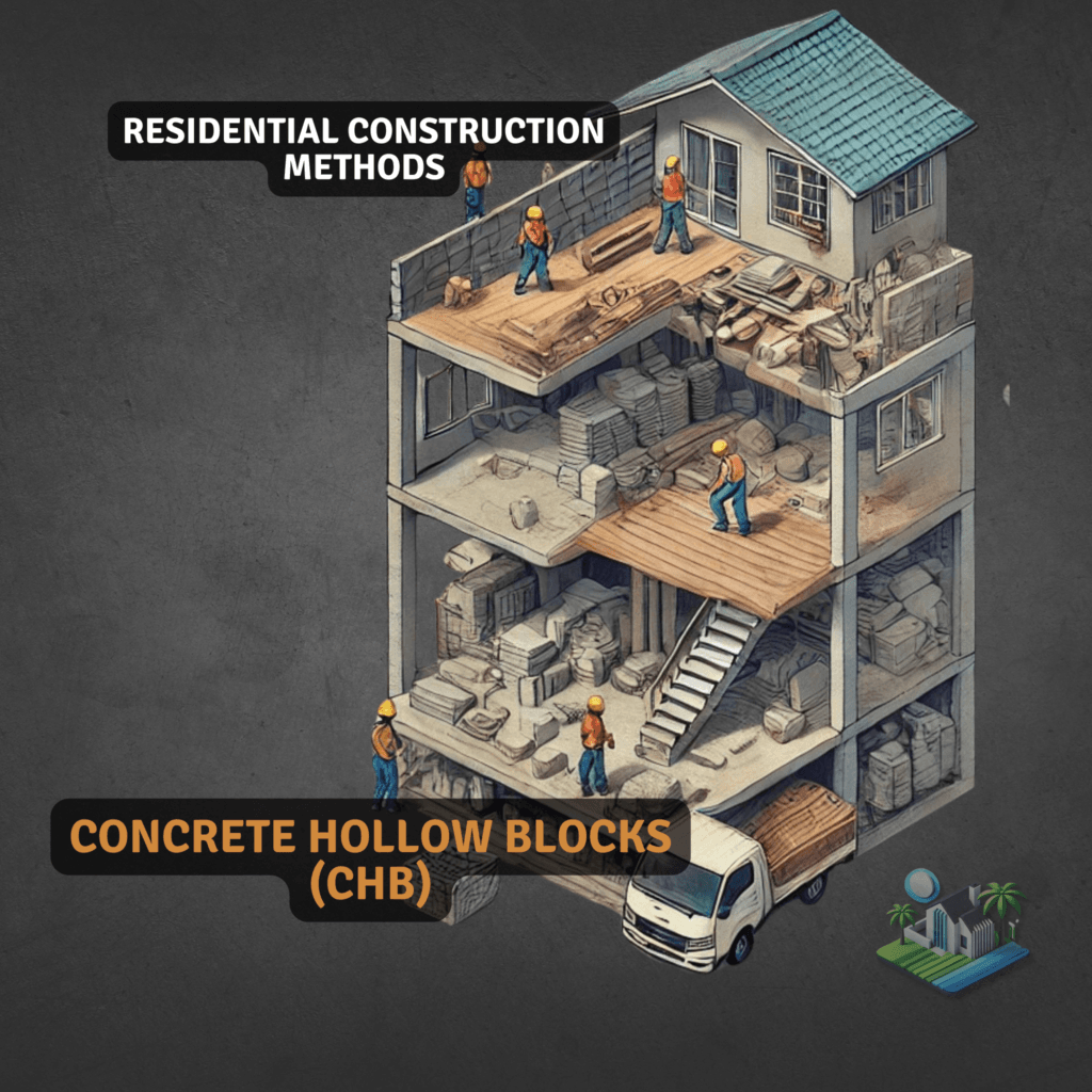 Illustration of a multi-story residential building being constructed using Concrete Hollow Blocks (CHB), showing workers stacking blocks on multiple levels with building materials around.