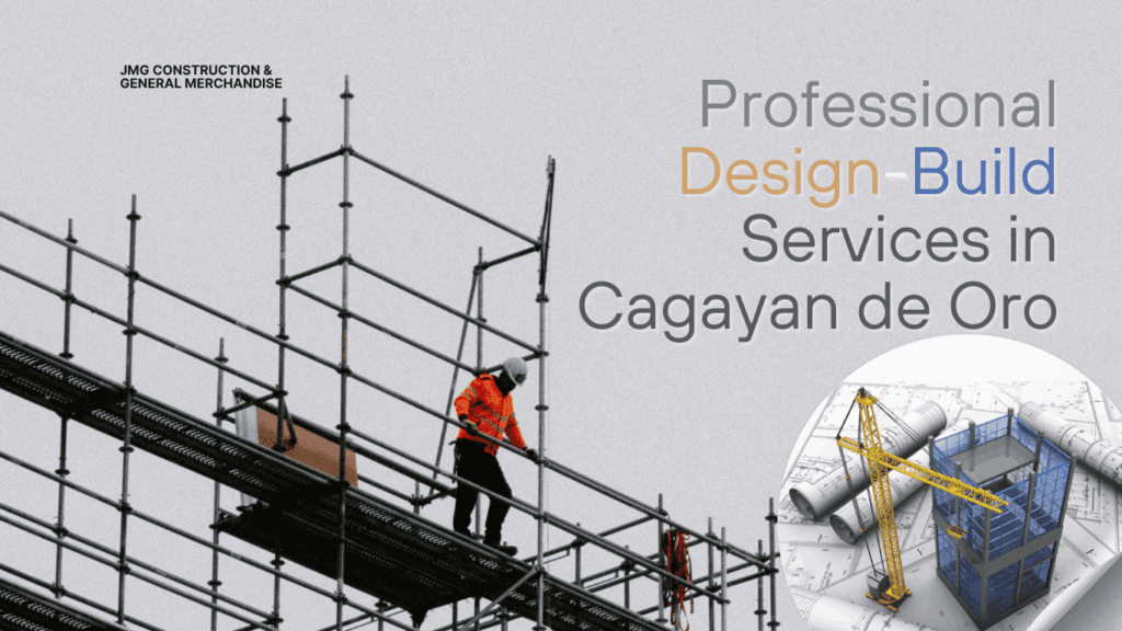 Construction worker on scaffolding with a crane and building blueprint, promoting JMG Construction’s professional design-build services in Cagayan de Oro.